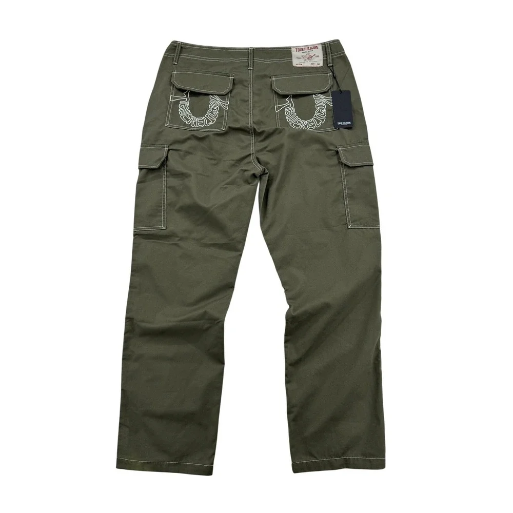 True Religion Cargo Pants Mens 36 Green New Contrast Stitch Horseshoe 700820